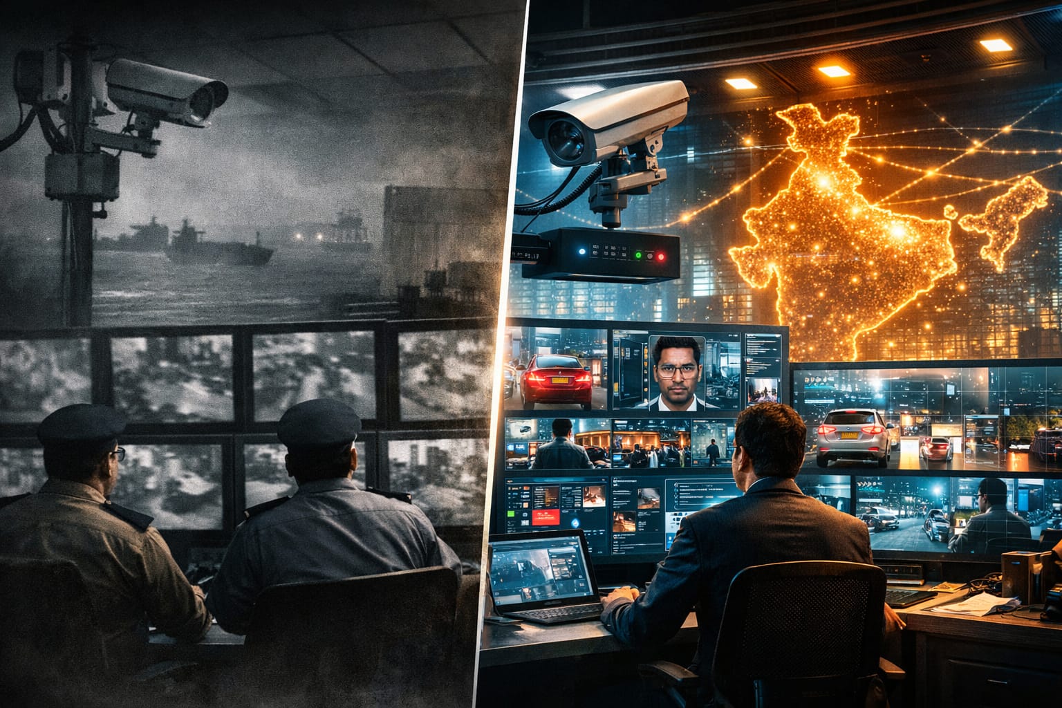 AI surveillance cityscape with smart cameras