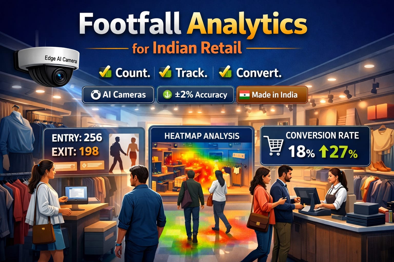 AI footfall analytics system in Indian retail store showing people counting, heatmap and conversion tracking using edge AI cameras