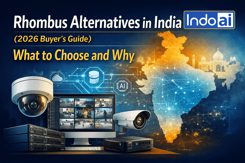 Rhombus alternatives in India 2026 featuring AI video surveillance, cloud VMS, edge AI hardware, India-first deployment, and IndoAI platform.