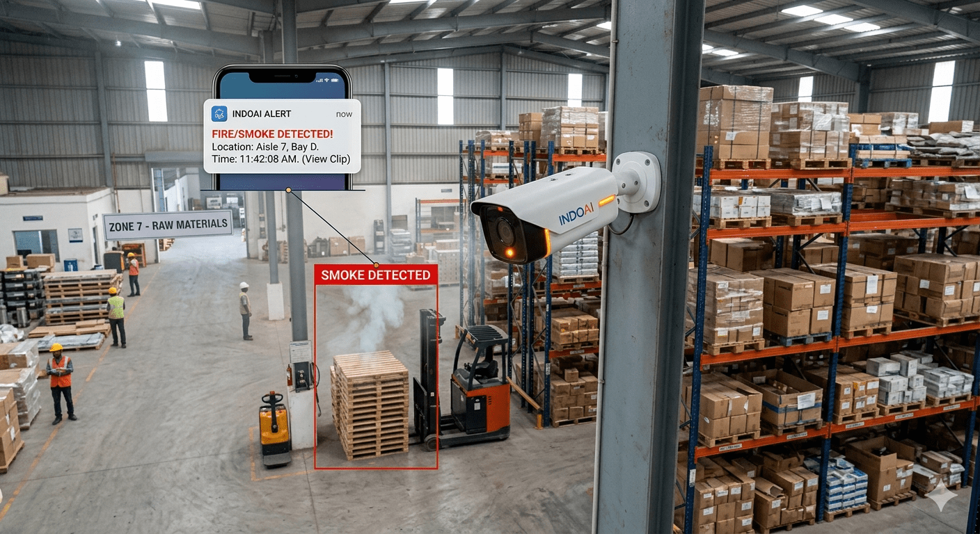 AI camera detecting smoke in an Indian warehouse with real-time alert on mobile device