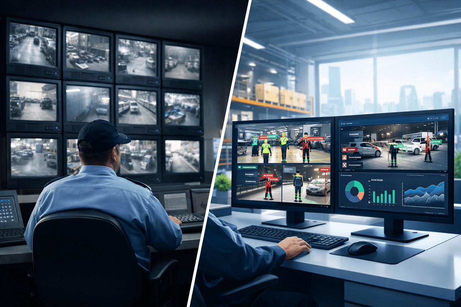 Comparison of traditional CCTV monitoring and AI video analytics with real-time alerts in an Indian enterprise setting