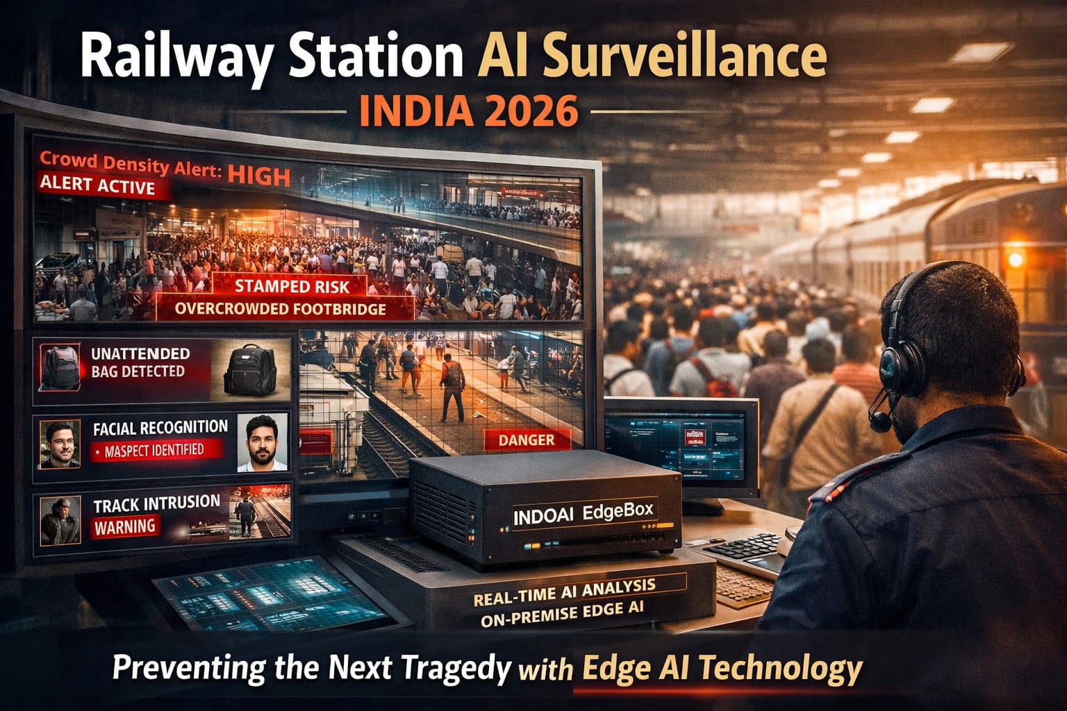 AI surveillance system monitoring crowd density at Indian railway station with real-time alerts and Edge AI technology