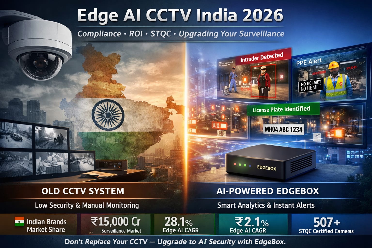 Edge AI CCTV upgrade India 2026 showing traditional surveillance vs AI-powered analytics with real-time alerts and EdgeBox device