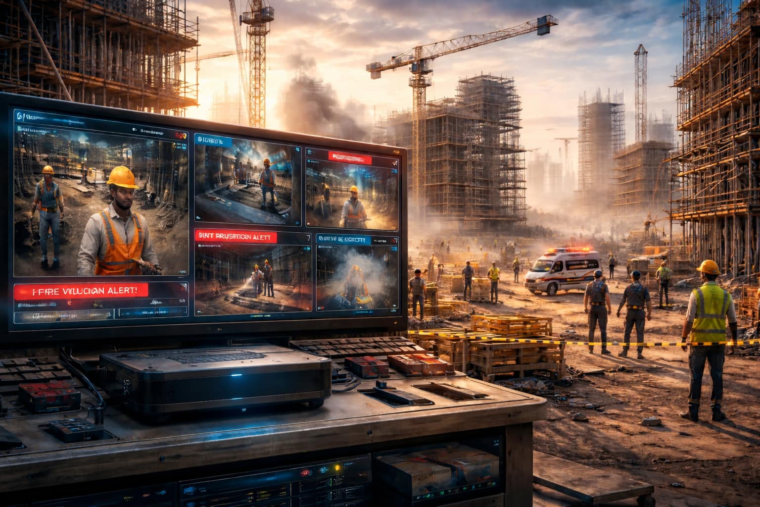 Edge AI construction safety system detecting PPE violations and intrusion on Indian construction site