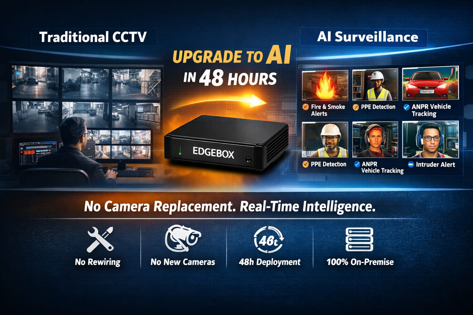 AI-powered CCTV upgrade showing traditional surveillance vs edge AI analytics with real-time alerts