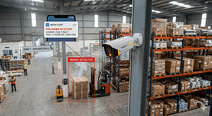 AI camera detecting smoke in an Indian warehouse with real-time alert on mobile device
