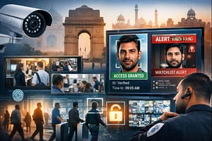 AI-powered CCTV monitoring system showing face recognition alerts, access granted verification, and watchlist detection with security operator monitoring multiple surveillance feeds in an Indian public setting.