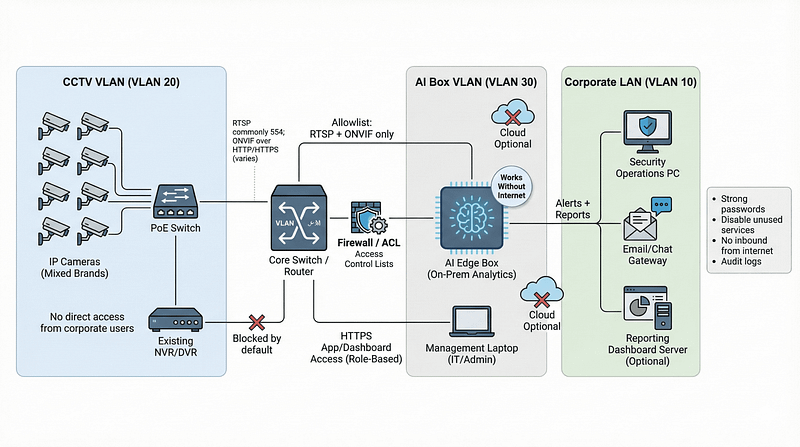 AI analytics integration with CCTV cameras in India using RTSP and ONVIF on secure on-prem VLAN architecture