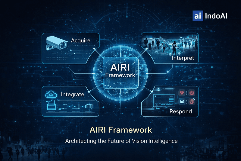 AIRI Framework by IndoAI showing the vision intelligence architecture with AI cameras, edge AI processing, analytics interpretation, automated response, and system integration.
