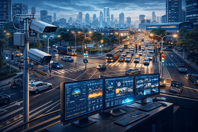 AI traffic management system monitoring vehicle flow at a smart city intersection in India