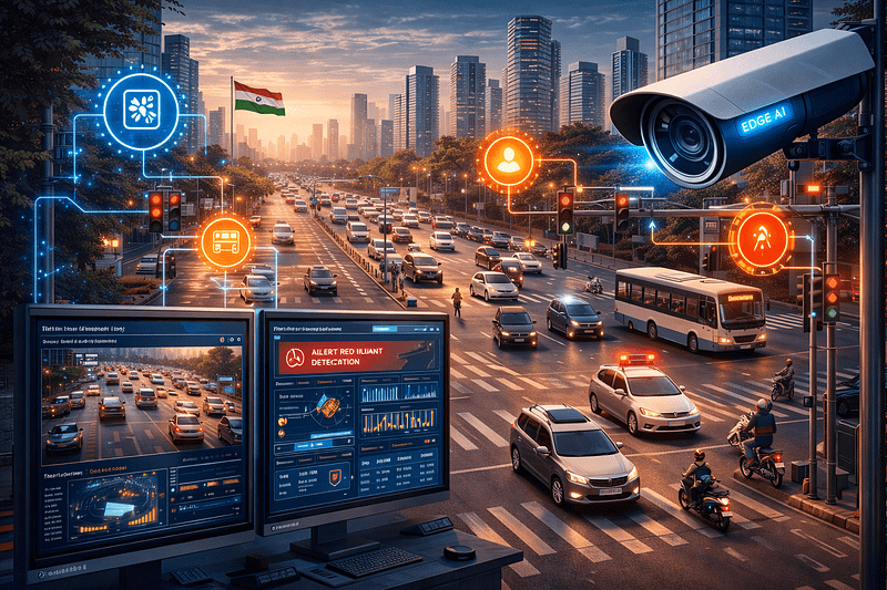 AI traffic management system monitoring vehicles at a smart city intersection in India using edge AI cameras and real-time analytics.