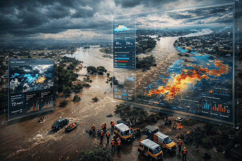 AI flood prediction system analyzing river levels and weather data in India to forecast flood risks and improve disaster preparedness.