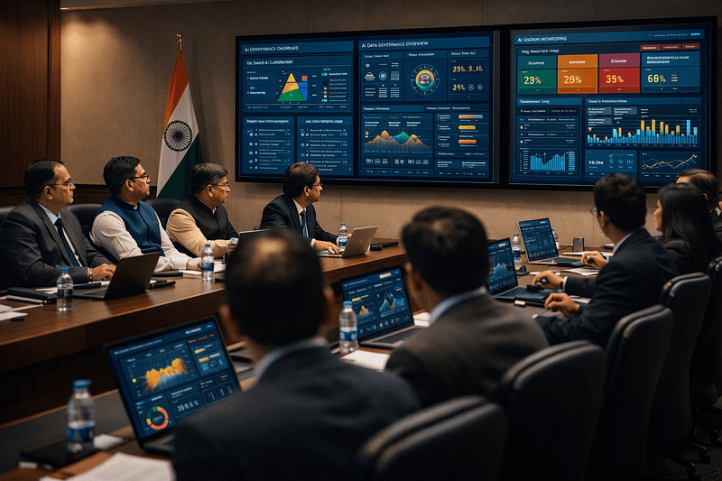 Indian government officials reviewing AI data governance framework on digital screens