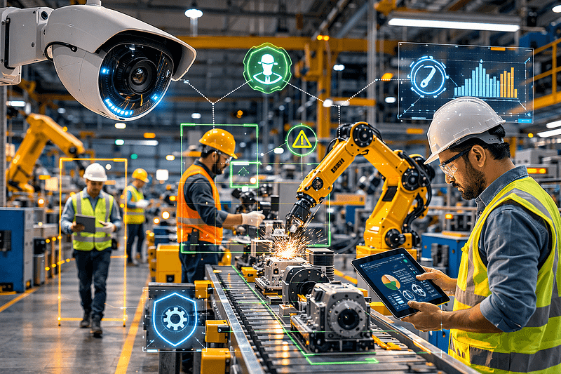 Edge AI camera monitoring workers and machines in a smart factory using AI video analytics