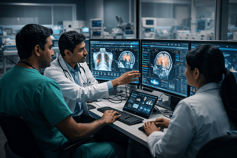 AI healthcare diagnostic system used by doctors in an Indian hospital to analyze medical data and detect diseases early.