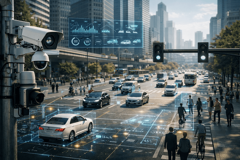 AI-powered surveillance cameras monitoring traffic and pedestrians in a smart city environment