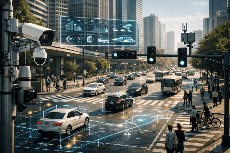 AI-powered smart city traffic management system monitoring vehicles at an urban intersection