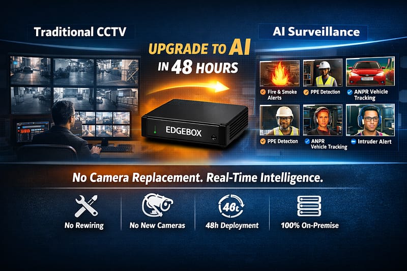 AI-powered CCTV upgrade showing traditional surveillance vs edge AI analytics with real-time alerts